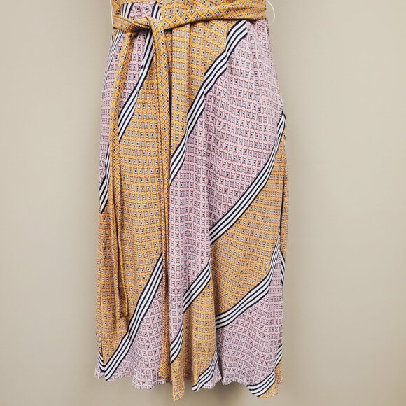 Anthropologie Maeve Midi Dress 4P Carla Yellow Geometric Midi Wrap Tie Waist - Picture 4 of 11